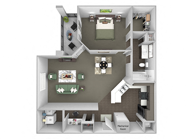 Floor plan for 1 bed, 1 bath, 911 sqft